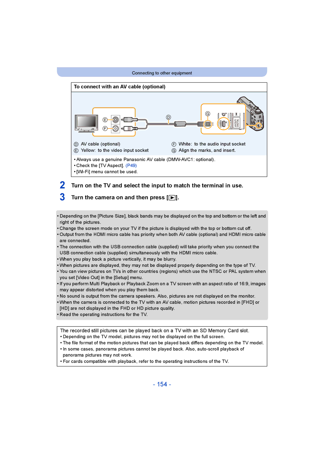 Panasonic DMC-TZ55 operating instructions 154, To connect with an AV cable optional 