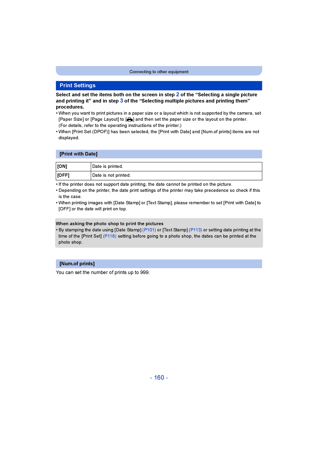 Panasonic DMC-TZ55 160, Print Settings, Print with Date, Num.of prints, You can set the number of prints up to 