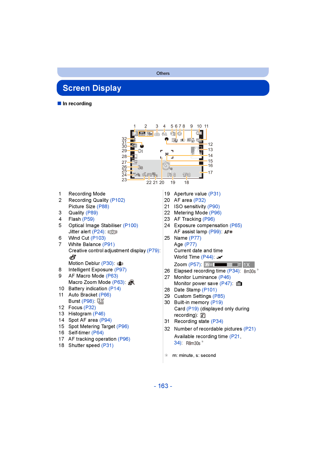 Panasonic DMC-TZ55 operating instructions Screen Display, 163, Recording 