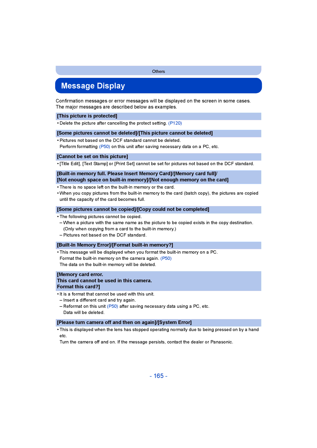 Panasonic DMC-TZ55 operating instructions Message Display, 165 