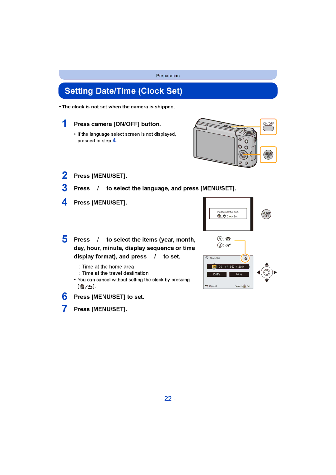 Panasonic DMC-TZ55 operating instructions Setting Date/Time Clock Set, Press camera ON/OFF button, Press MENU/SET to set 