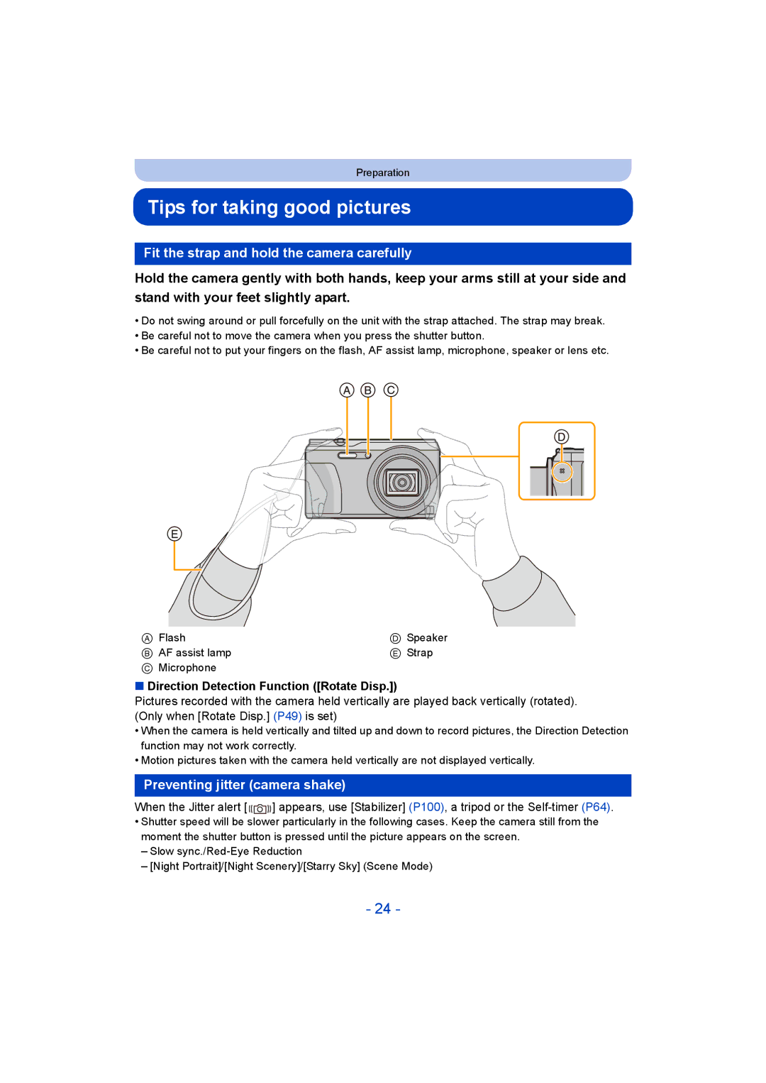 Panasonic DMC-TZ55 operating instructions Tips for taking good pictures, Fit the strap and hold the camera carefully 