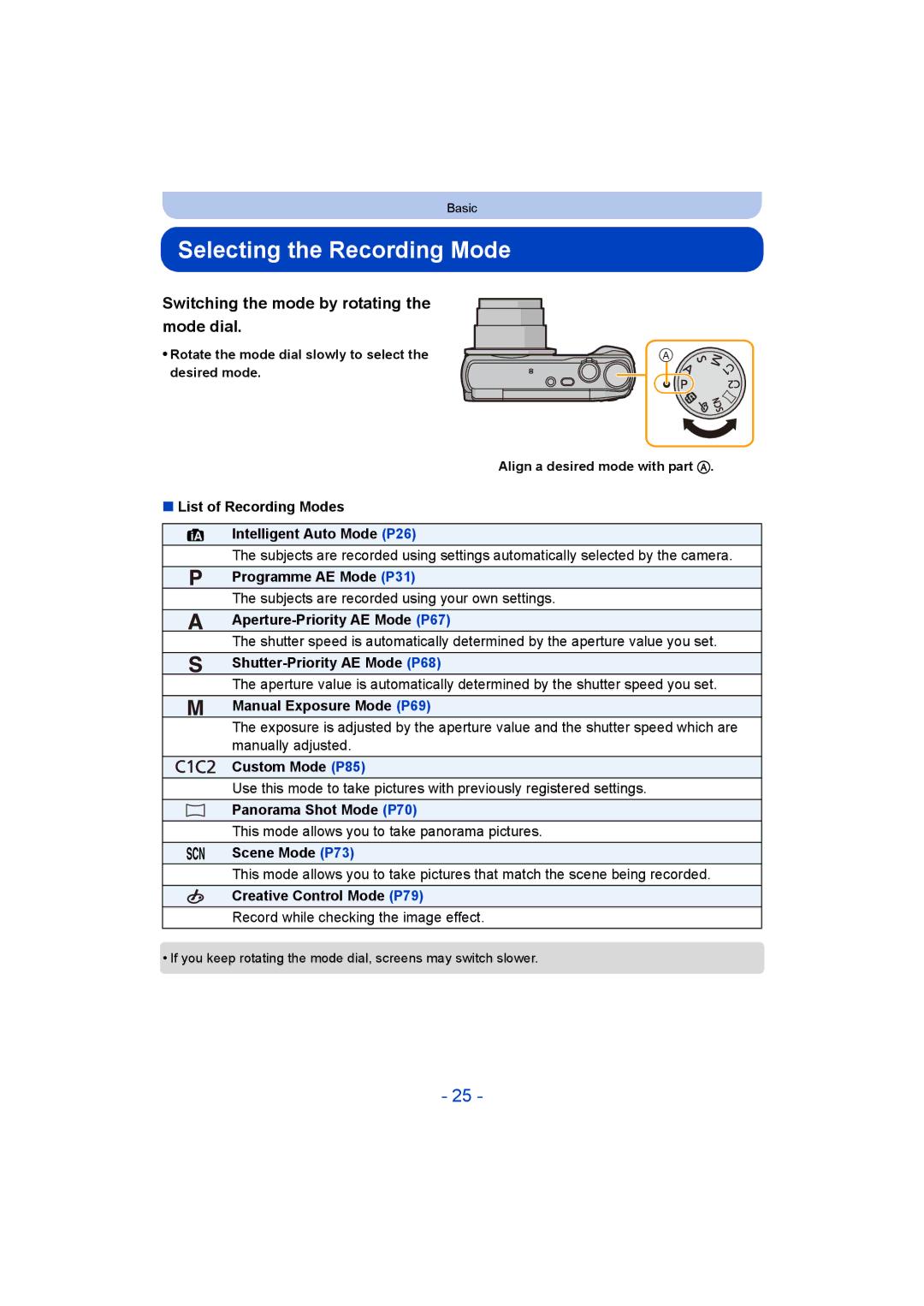 Panasonic DMC-TZ55 operating instructions Selecting the Recording Mode, Switching the mode by rotating the mode dial 