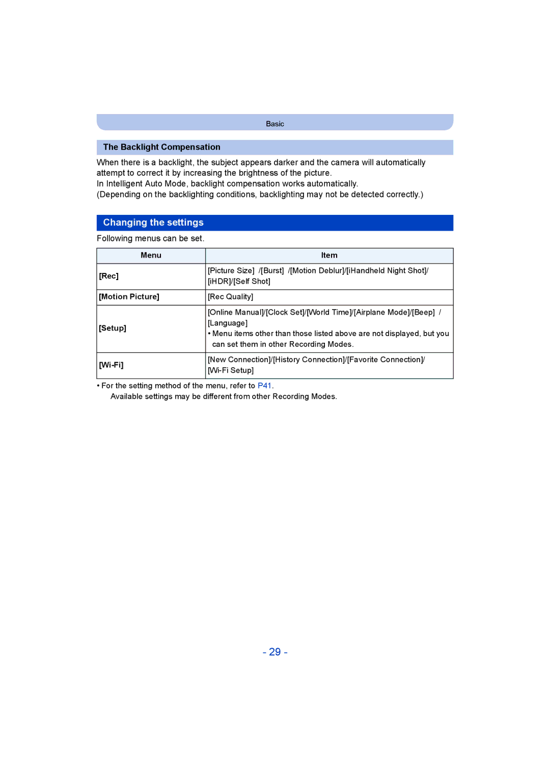 Panasonic DMC-TZ55 operating instructions Changing the settings, Backlight Compensation, Following menus can be set 