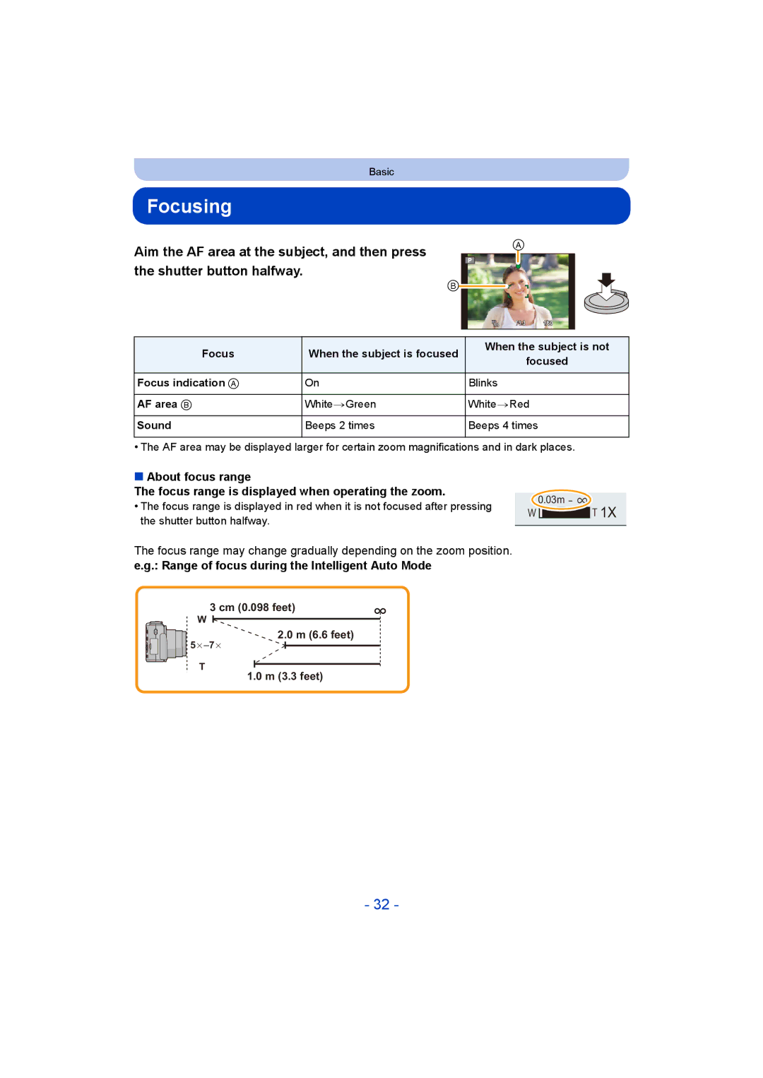 Panasonic DMC-TZ55 operating instructions Focusing, Range of focus during the Intelligent Auto Mode, AF area B, Sound 