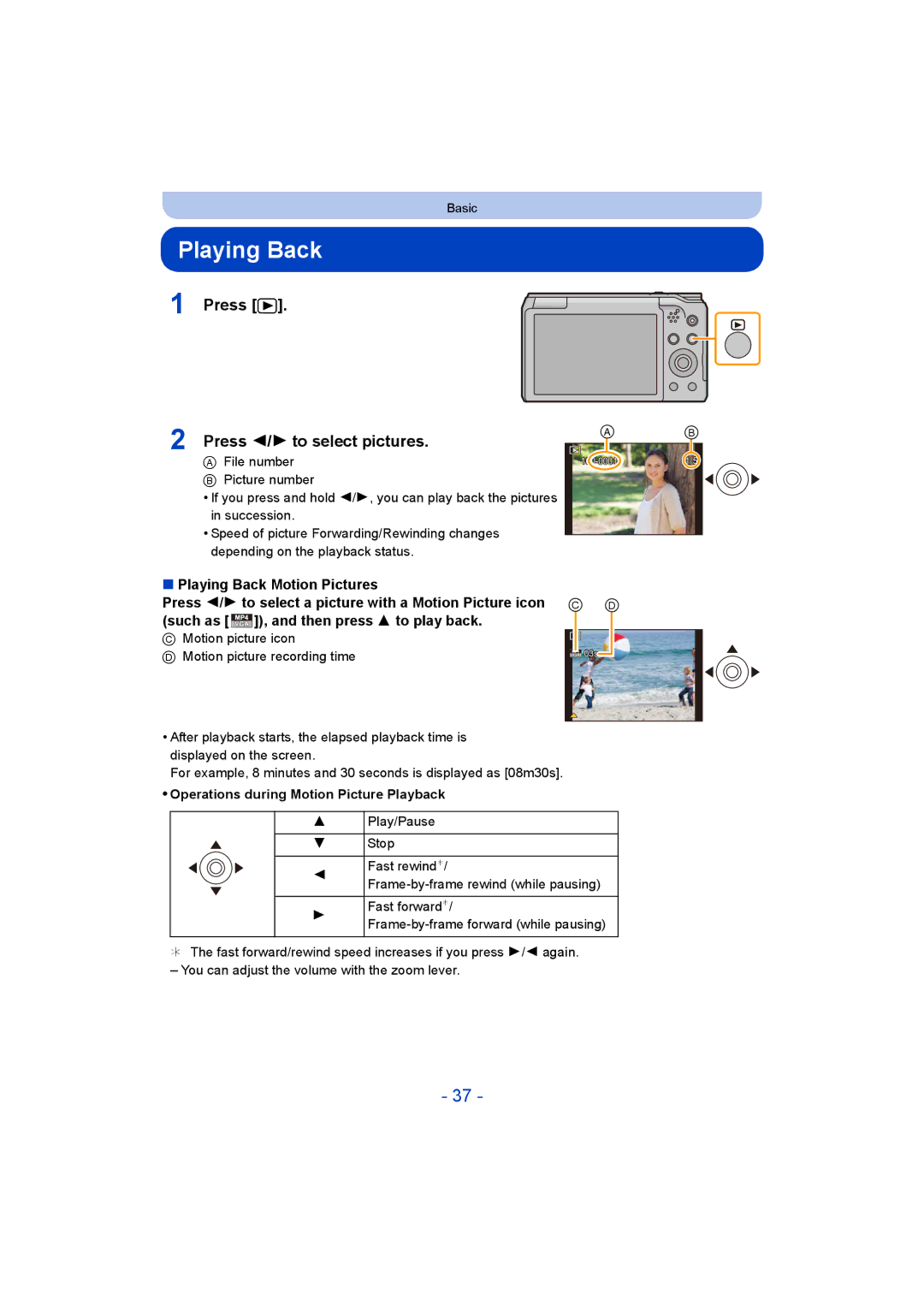 Panasonic DMC-TZ55 operating instructions Press Press 2/1 to select pictures, Playing Back Motion Pictures 