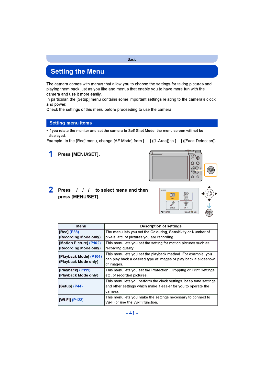 Panasonic DMC-TZ55 operating instructions Setting the Menu, Setting menu items 