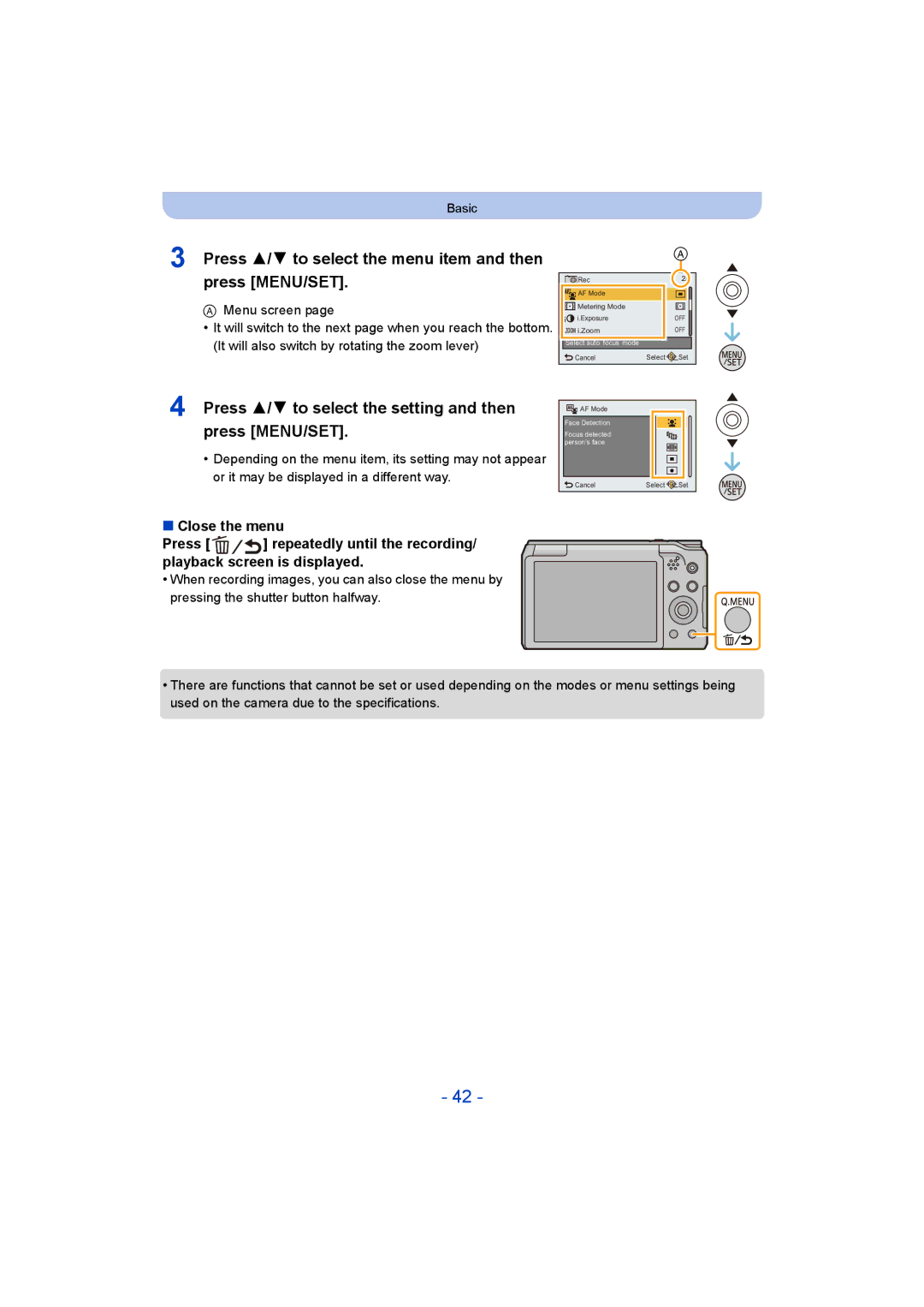 Panasonic DMC-TZ55 operating instructions Press 3/4 to select the menu item and then press MENU/SET 