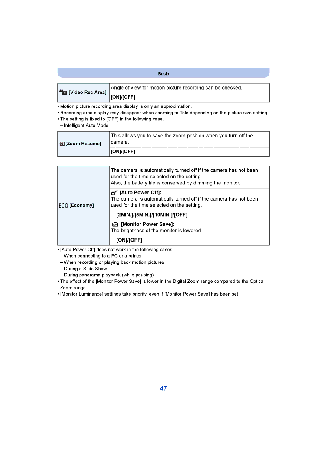 Panasonic DMC-TZ55 operating instructions Angle of view for motion picture recording can be checked, Auto Power Off 