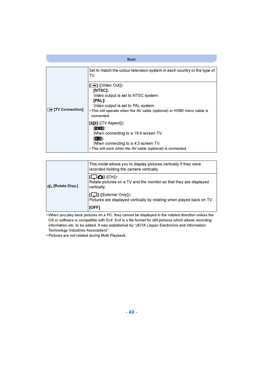 Panasonic DMC-TZ55 operating instructions Pal, Video output is set to PAL system, TV Connection, Rotate Disp, External Only 