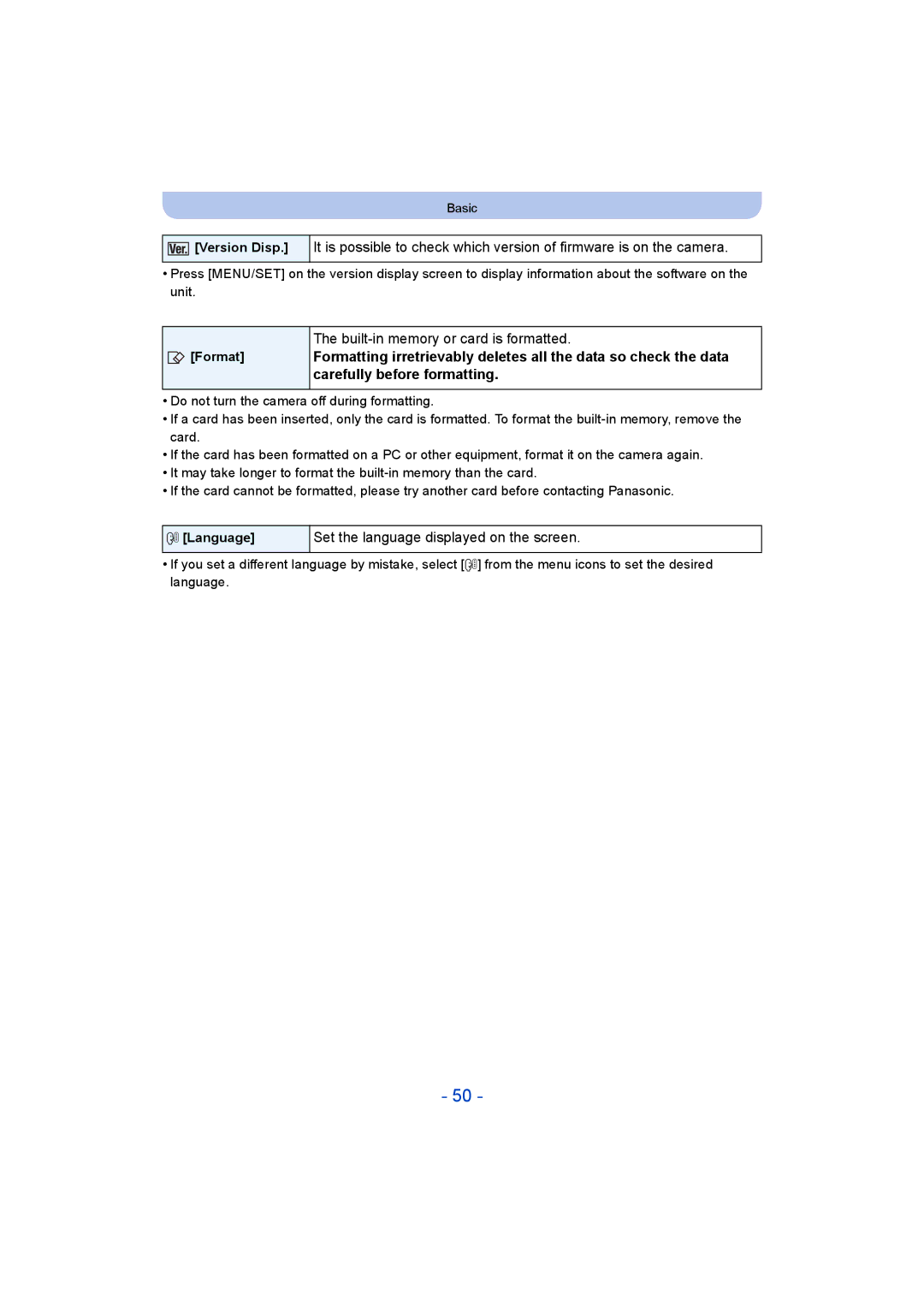 Panasonic DMC-TZ55 Built-in memory or card is formatted, Set the language displayed on the screen, Version Disp, Format 