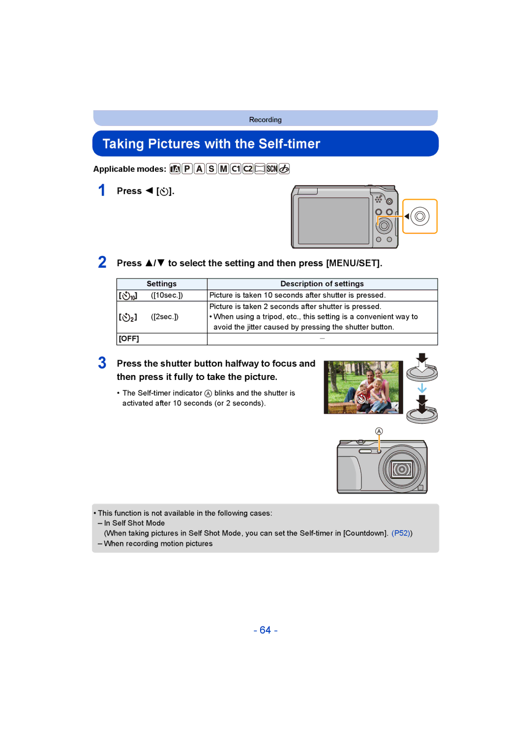 Panasonic DMC-TZ55 operating instructions Taking Pictures with the Self-timer, Settings 