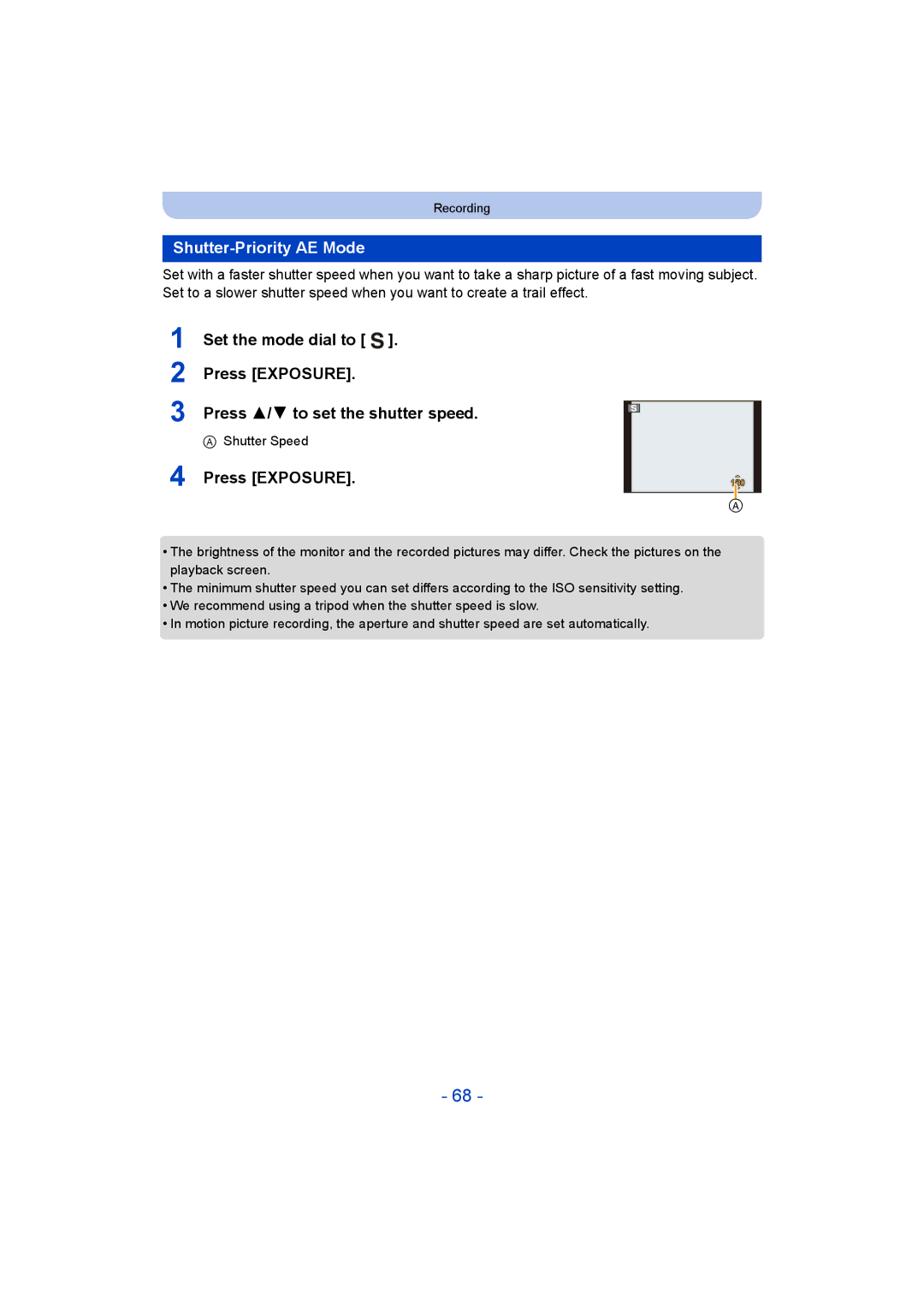 Panasonic DMC-TZ55 operating instructions Shutter-Priority AE Mode, Press 3/4 to set the shutter speed, Shutter Speed 