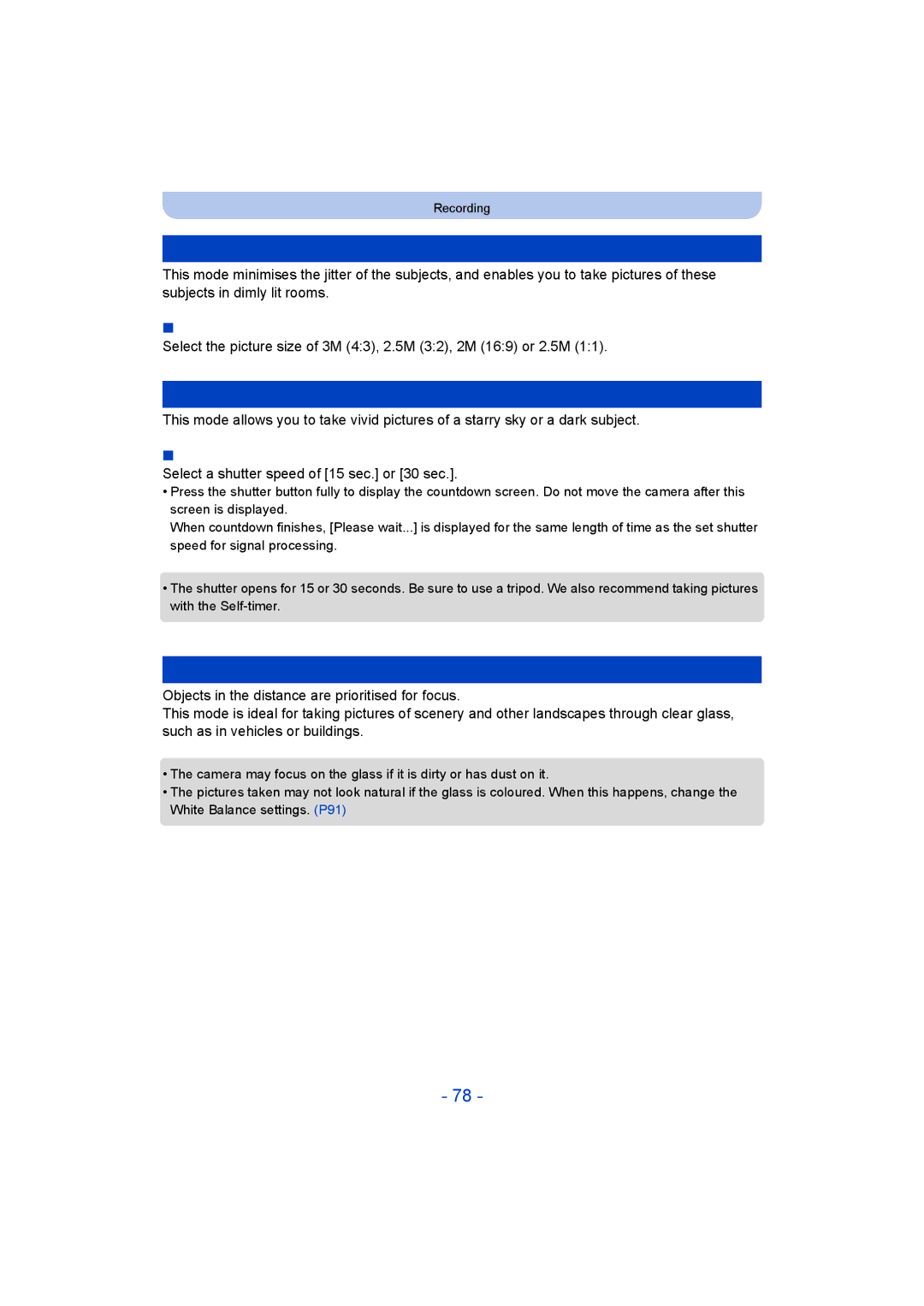 Panasonic DMC-TZ55 operating instructions High Sens, Starry Sky, Glass Through, Picture Size, Setting the shutter speed 