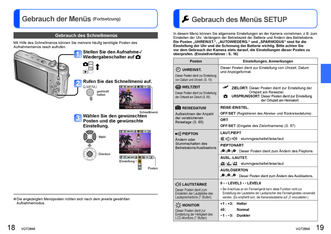 Panasonic DMC-TZ7, DMC-TZ65 manual Gebrauch der Menüs Fortsetzung, Gebrauch des Menüs Setup, Gebrauch des Schnellmenüs 