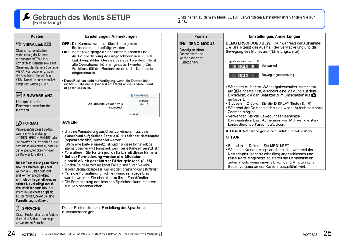 Panasonic DMC-TZ7, DMC-TZ65 manual Firmware-Anz, Format JA/NEIN, Sprache, Demo-Modus 