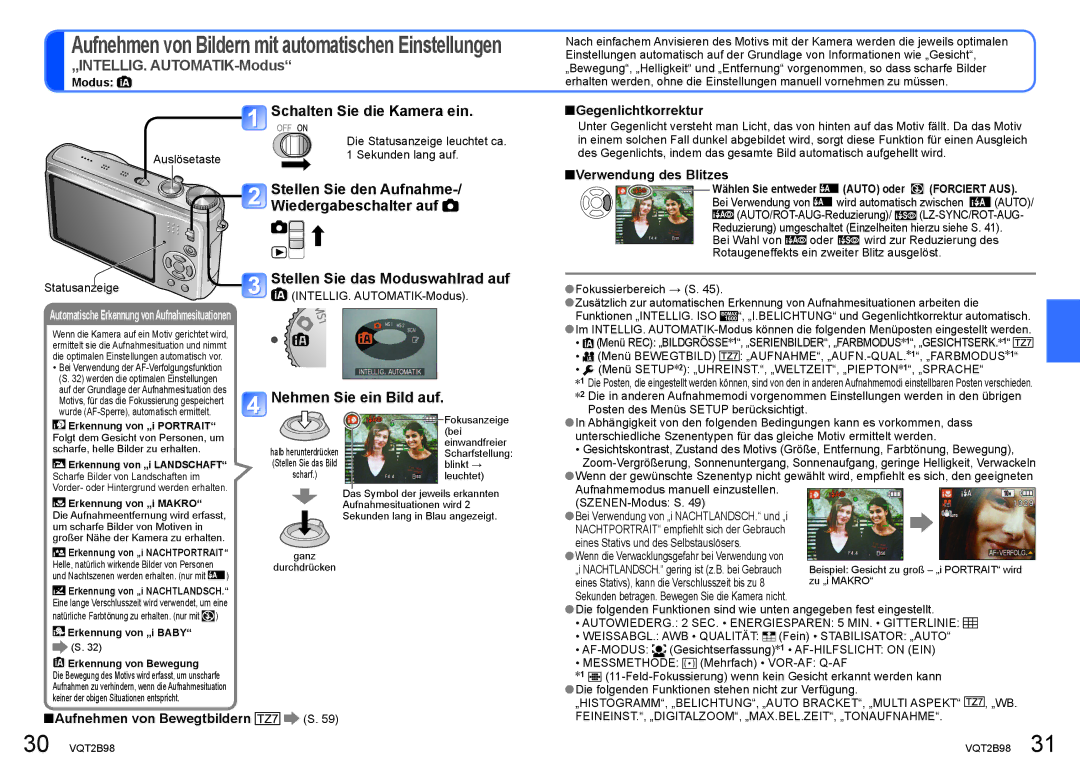 Panasonic DMC-TZ7 Nehmen Sie ein Bild auf, Gegenlichtkorrektur, Verwendung des Blitzes, Aufnehmen von Bewegtbildern S 