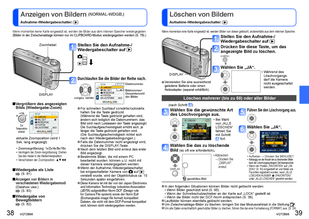 Panasonic DMC-TZ6 Anzeigen von Bildern NORMAL-WDGB, Löschen von Bildern, Löschen mehrerer bis zu 50 oder aller Bilder 