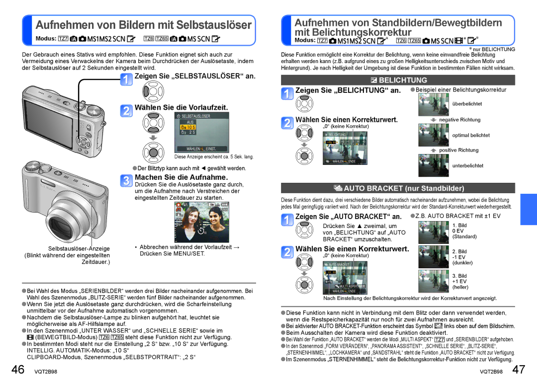 Panasonic DMC-TZ65, DMC-TZ7 manual Aufnehmen von Bildern mit Selbstauslöser, Belichtung, Auto Bracket nur Standbilder 