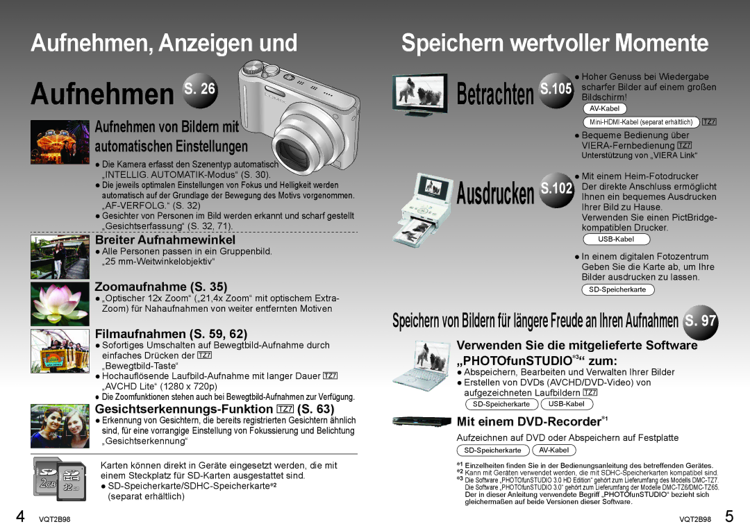 Panasonic DMC-TZ65, DMC-TZ7 Aufnehmen von Bildern mit automatischen Einstellungen, Unterstützung von „VIERA Link, VQT2B98 