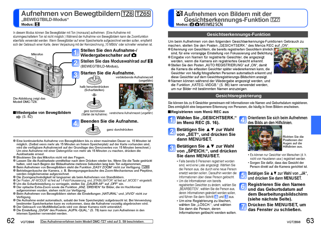 Panasonic DMC-TZ6 Gesichtserkennungs-Funktion, Starten Sie die Aufnahme, Gesichtsregistrierung, Beenden Sie die Aufnahme 