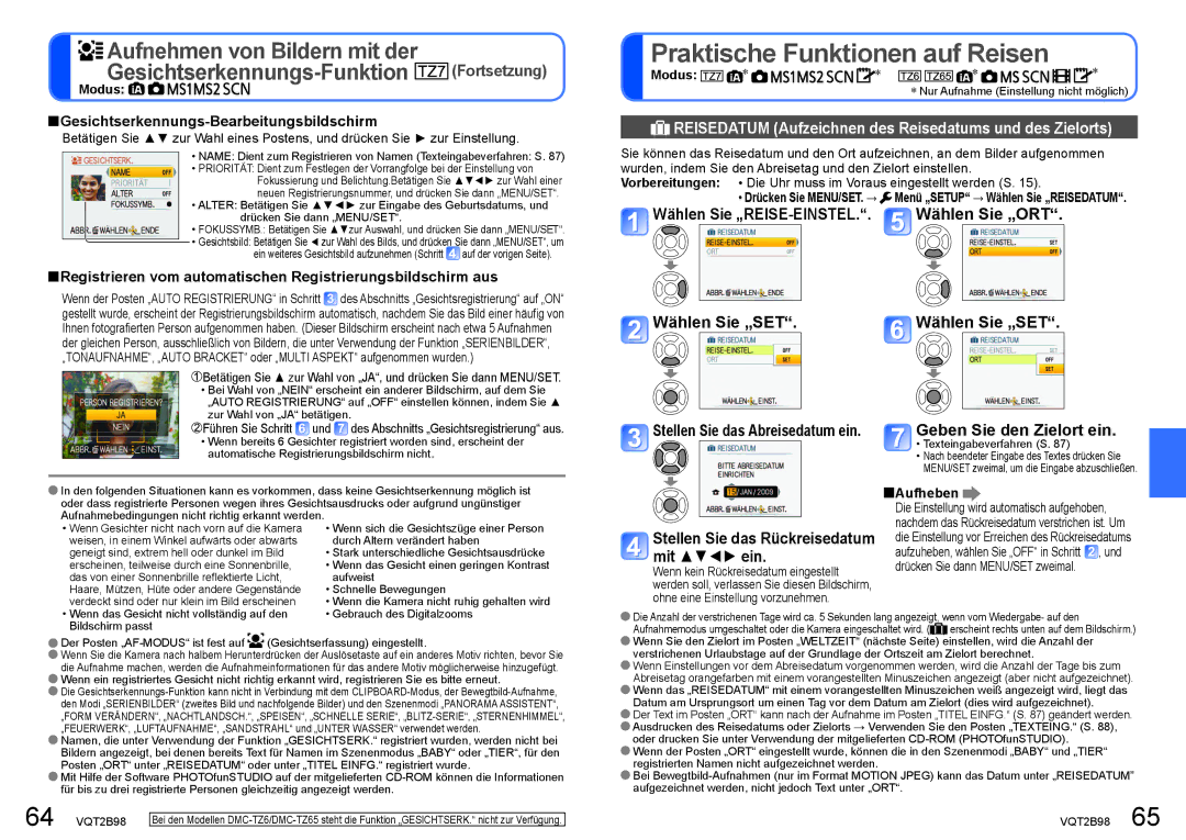 Panasonic DMC-TZ65, DMC-TZ7 manual Praktische Funktionen auf Reisen, Reisedatum Aufzeichnen des Reisedatums und des Zielorts 