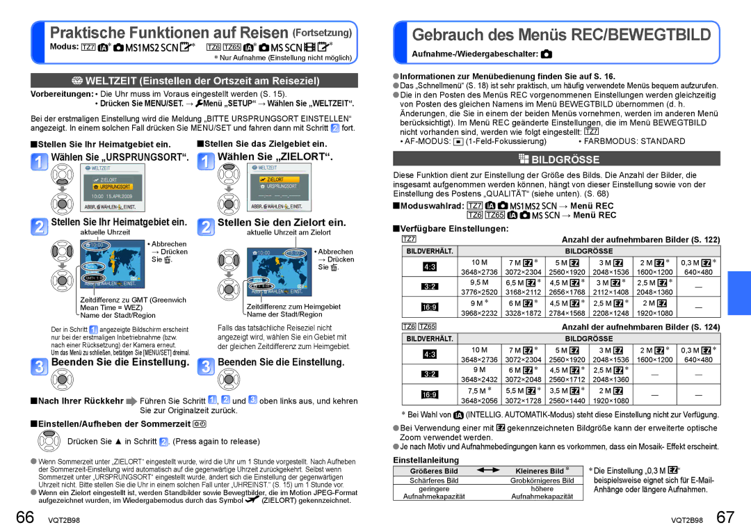 Panasonic DMC-TZ7, DMC-TZ65 Praktische Funktionen auf Reisen Fortsetzung, Gebrauch des Menüs REC/BEWEGTBILD, Bildgrösse 