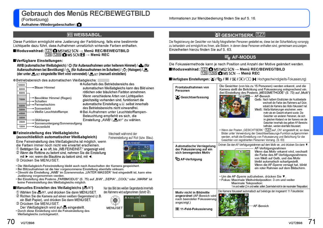 Panasonic DMC-TZ65, DMC-TZ7 manual Weissabgl, Gesichtserk, Af-Modus 