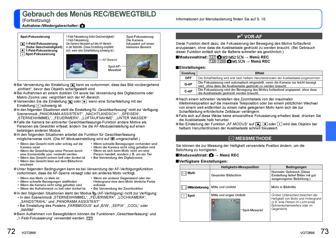 Panasonic DMC-TZ7, DMC-TZ65 manual Vor-Af, Messmethode, Moduswahlrad → Menü REC Einstellungen, Off 