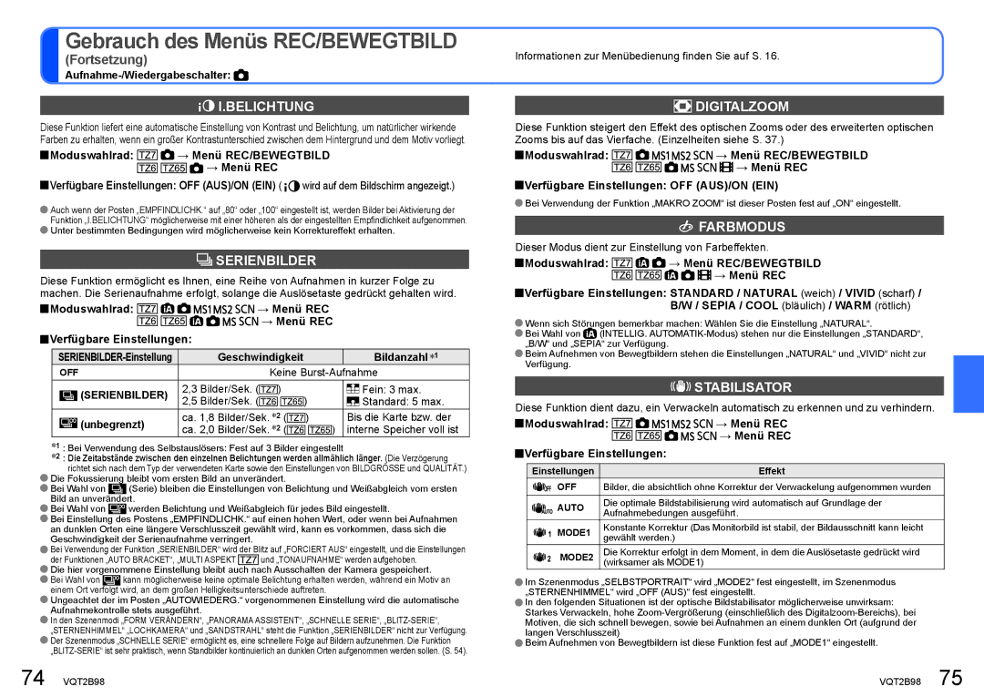Panasonic DMC-TZ65, DMC-TZ7 manual Serienbilder, Digitalzoom, Farbmodus, Stabilisator 