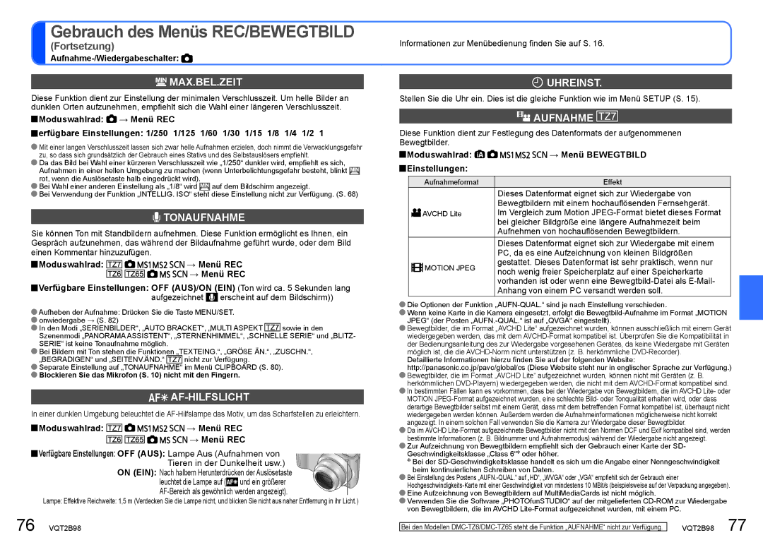 Panasonic DMC-TZ65, DMC-TZ7 manual Max.Bel.Zeit, Tonaufnahme, Af-Hilfslicht, Uhreinst, Aufnahme 