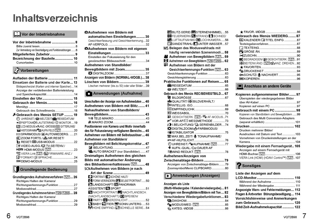 Panasonic DMC-TZ7, DMC-TZ6 Vor der Inbetriebnahme, Vorbereitungen, Grundlegende Bedienung, Anwendungen Aufnahme, Sonstiges 