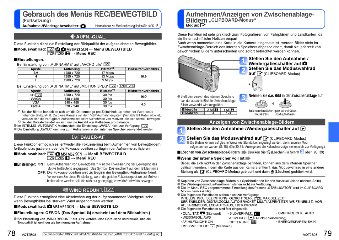 Panasonic DMC-TZ7, DMC-TZ65 manual Aufn.-Qual, Dauer-Af, Wind Redukt, Stellen Sie das Moduswahlrad auf CLIPBOARD-Modus 