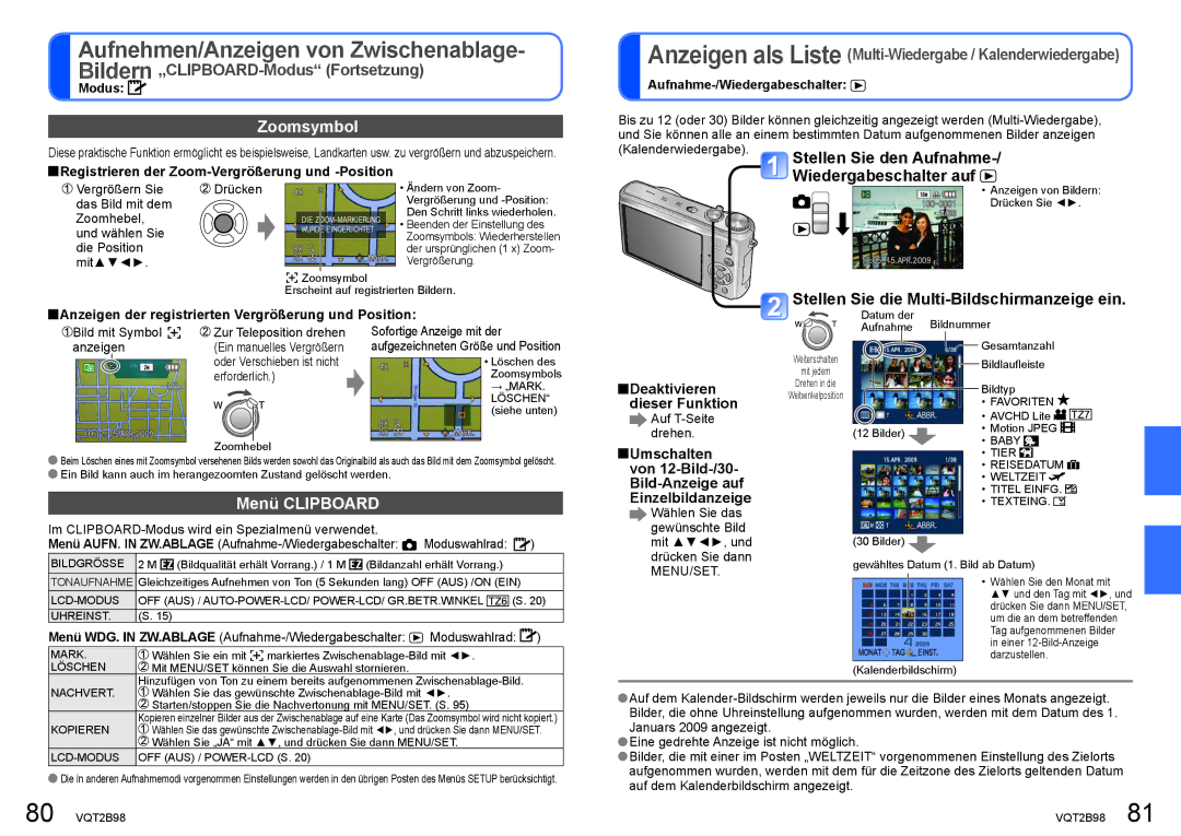 Panasonic DMC-TZ65, DMC-TZ7 manual Zoomsymbol, Stellen Sie die Multi-Bildschirmanzeige ein, Menü Clipboard 