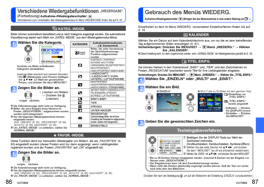 Panasonic DMC-TZ65, DMC-TZ7 manual Gebrauch des Menüs Wiederg, Kateg.-Wdgb, Kalender, Titel Einfg, Favor.-Wdgb 