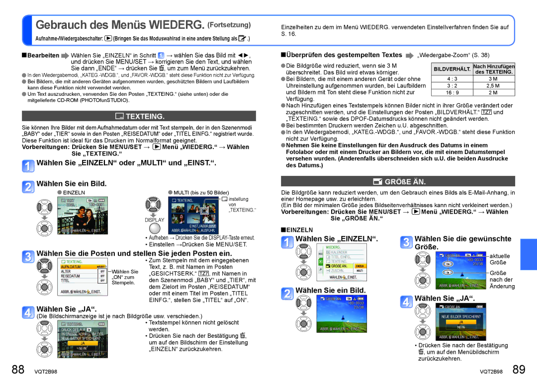 Panasonic DMC-TZ65 manual Gebrauch des Menüs WIEDERG. Fortsetzung, Texteing, GRÖßE ÄN, Überprüfen des gestempelten Textes 