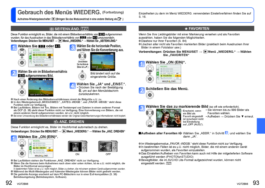 Panasonic DMC-TZ65, DMC-TZ7 manual Seitenv.Änd, Favoriten, ANZ. Drehen 