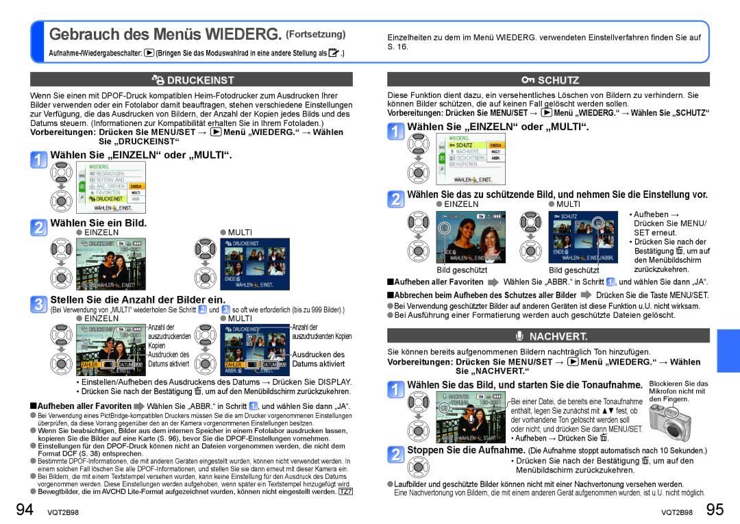 Panasonic DMC-TZ65 Druckeinst, Wählen Sie „EINZELN oder „MULTI, Schutz, Stellen Sie die Anzahl der Bilder ein, Nachvert 