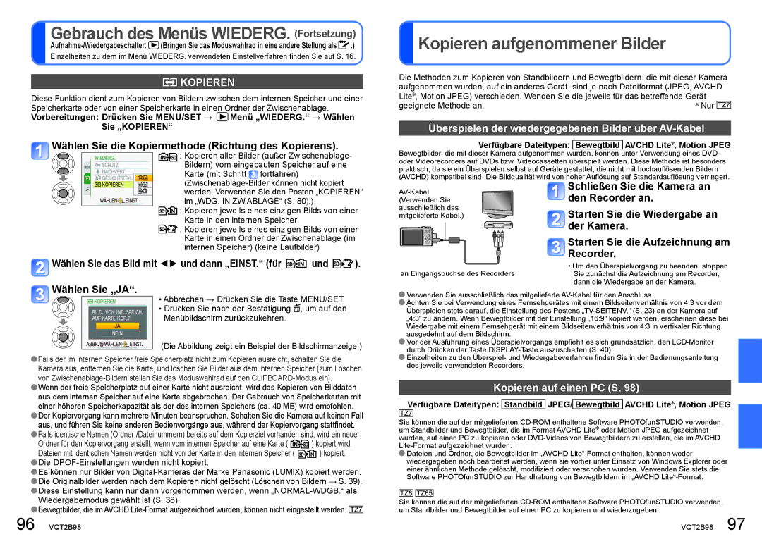 Panasonic DMC-TZ7, DMC-TZ65 manual Kopieren aufgenommener Bilder, Wählen Sie die Kopiermethode Richtung des Kopierens 