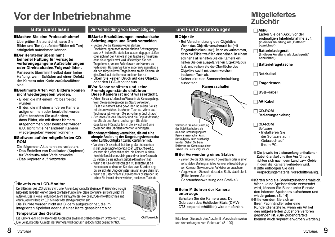 Panasonic DMC-TZ6 Mitgeliefertes Zubehör, Bitte zuerst lesen, Zur Vermeidung von Beschädigung, Und Funktionsstörungen 