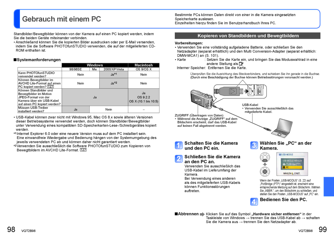 Panasonic DMC-TZ6 manual Gebrauch mit einem PC, Kopieren von Standbildern und Bewegtbildern, Wählen Sie „PC an der Kamera 