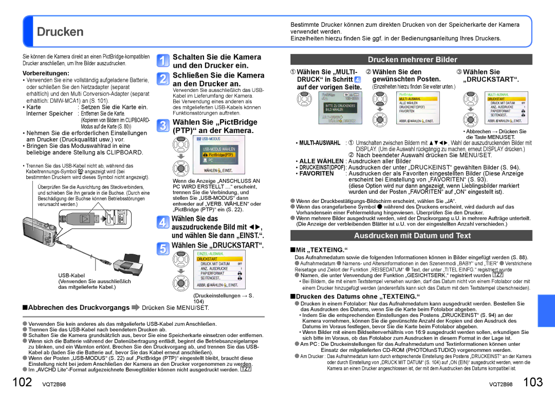 Panasonic DMC-TZ7, DMC-TZ65 manual Drucken mehrerer Bilder, Ausdrucken mit Datum und Text 