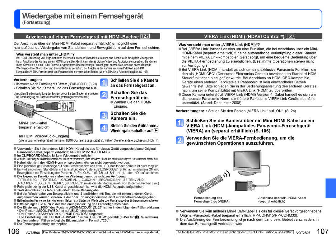 Panasonic DMC-TZ65, DMC-TZ7 manual Anzeigen auf einem Fernsehgerät mit HDMI-Buchse, Viera Link Hdmi Hdavi ControlTM 