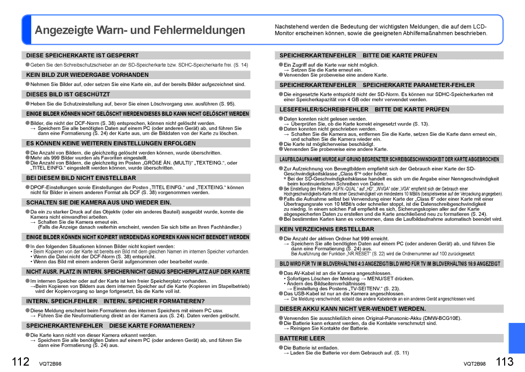 Panasonic DMC-TZ65, DMC-TZ7 manual Angezeigte Warn- und Fehlermeldungen 