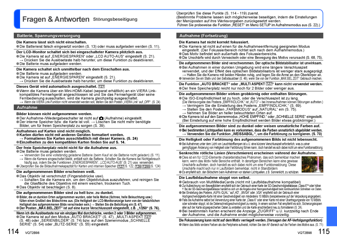 Panasonic DMC-TZ7, DMC-TZ65 manual Fragen & Antworten Störungsbeseitigung 