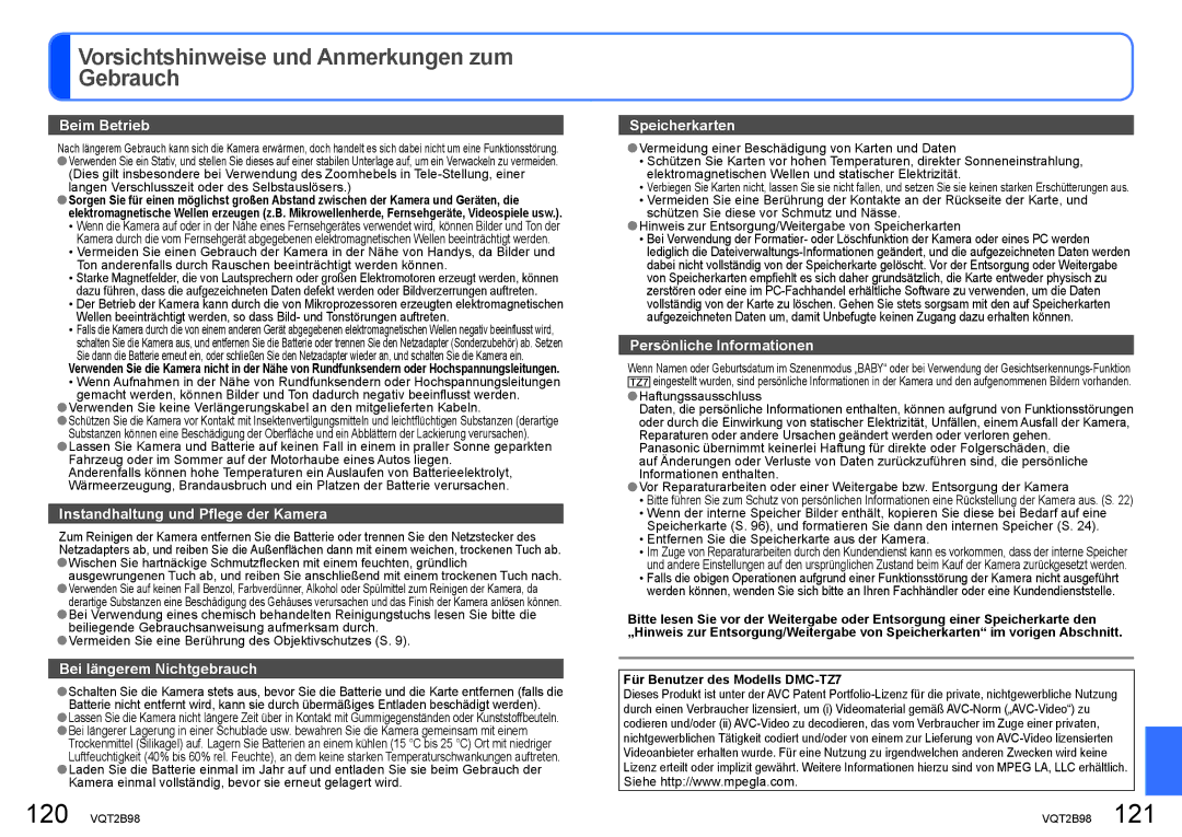 Panasonic DMC-TZ65 manual Haftungssausschluss, Für Benutzer des Modells DMC-TZ7, 120 VQT2B98 
