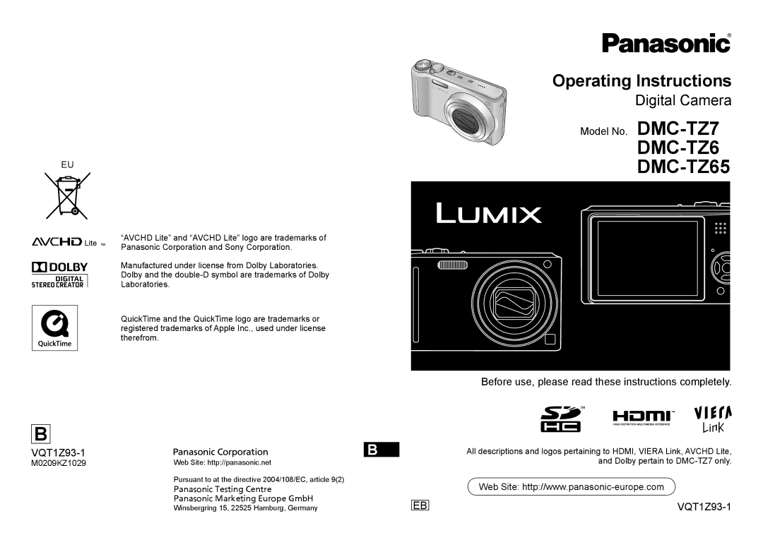 Panasonic DMC-TZ7, DMC-TZ65 operating instructions M0209KZ1029, Web Site http//panasonic.net 