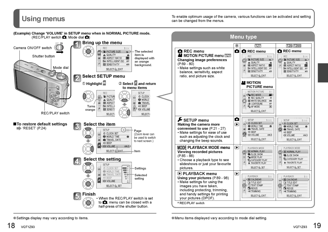 Panasonic DMC-TZ7, DMC-TZ65 Using menus, Select Setup menu, Select the item, Select the setting, Finish 