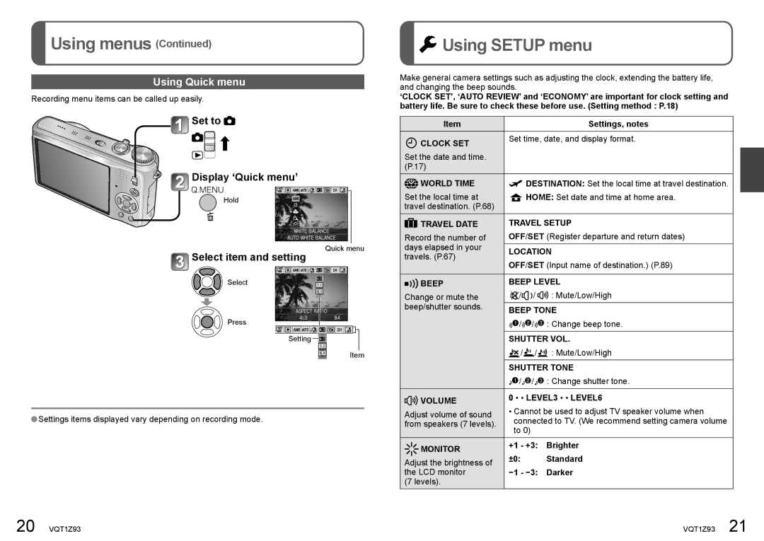 Panasonic DMC-TZ65, DMC-TZ7 Using Setup menu, Using Quick menu, Set to Display ‘Quick menu’, Select item and setting 