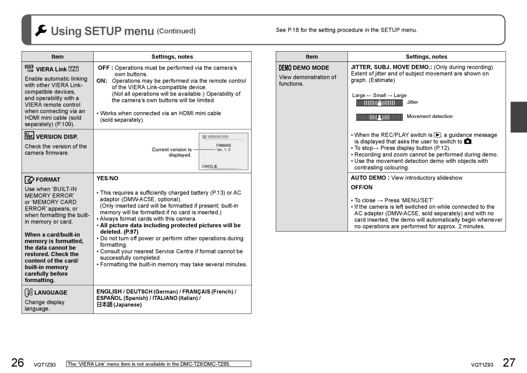 Panasonic DMC-TZ65, DMC-TZ7 operating instructions Version Disp, Format YES/NO, Language, Demo Mode 